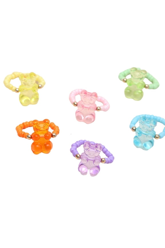 O 6pcs Fashionable Bear Pendant Rings Elastic Beaded Rings Comfortable Accessory Eye Catching Ornament for Ladies