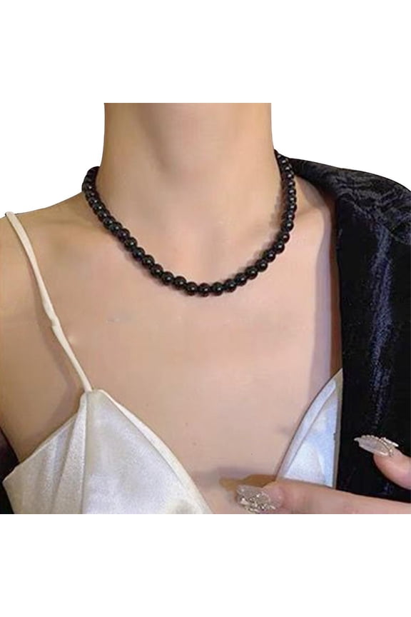 O Black Pearls Necklace Party Round Imitation Pearl Choker Clavicle Chain Jewelry