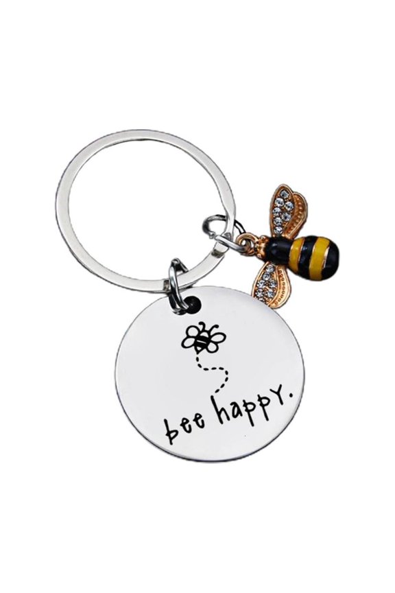 O Cute Bees Happy Keychain Encourage Keyring Car Keys Holder Bag Backpack Luggage Pendant Ornament for Women Men