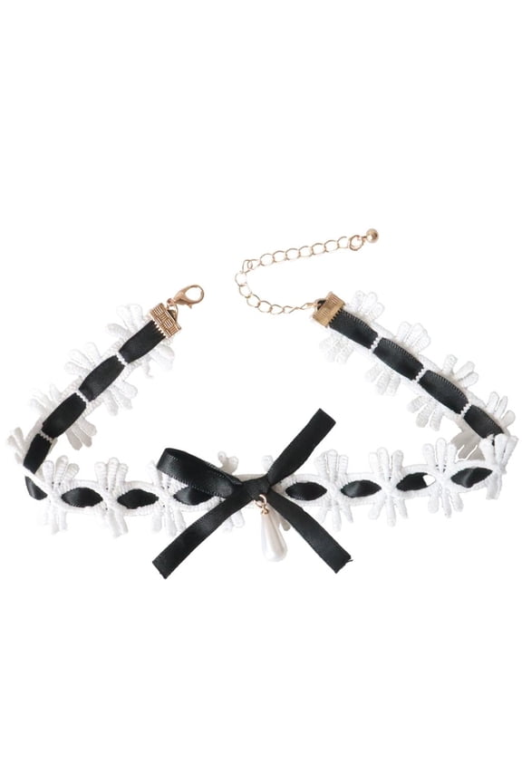 O Cute Collar Necklace with Ribbon and Lace Decoration Bowknot Lace Collar Maid Choker Lace Alloy Material for Cosplayer