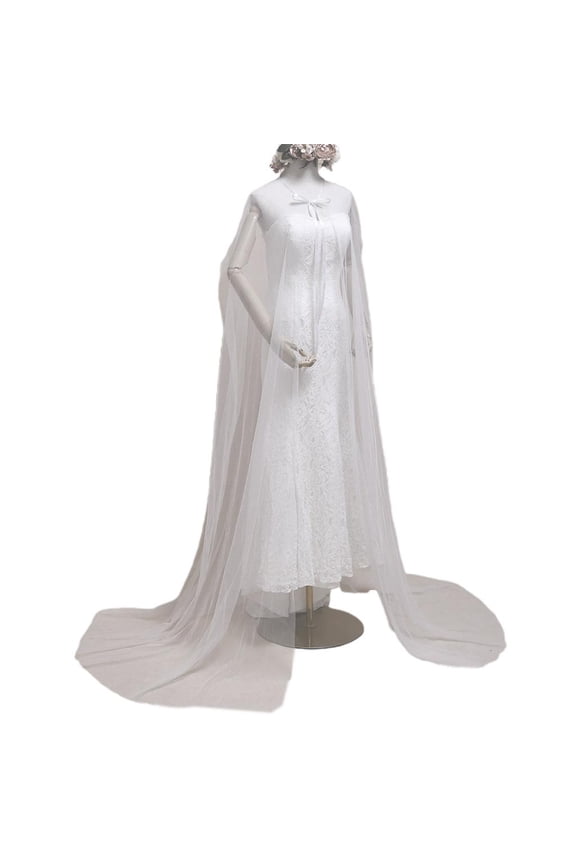 O Minimalist Women Tulle Mesh Wedding Long Cape Floor Cathedral Length White Bridal Wrap for Jacket Evening Party Sheer Shawl Cloak