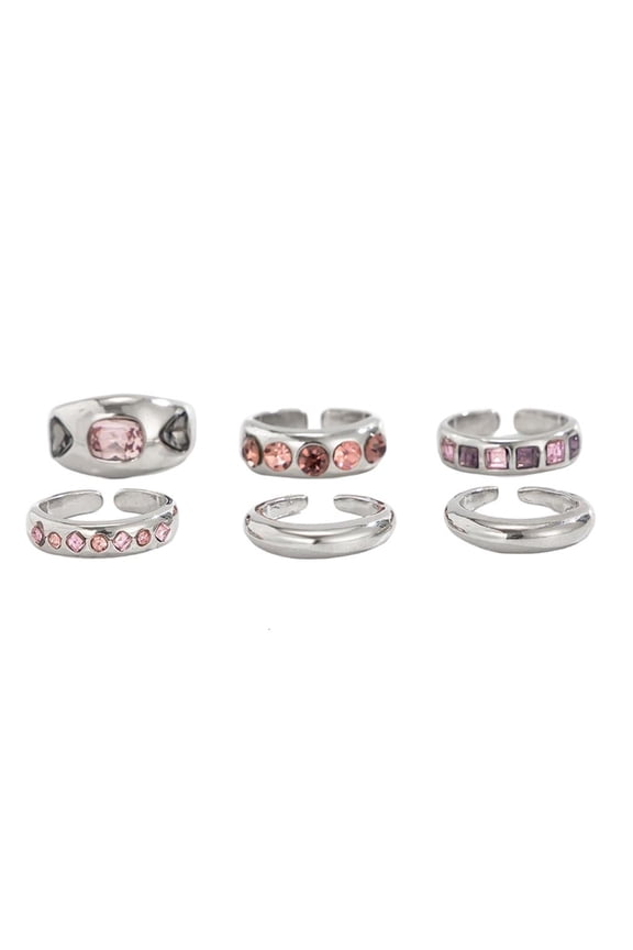 O Pack of 6 Stackable Rings Including Adjustable Fit and Pink Gemstones for Fashion Styles