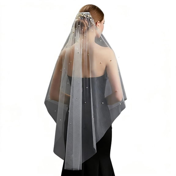 LICEWO Pearls Crystal Bridal Veils Sheer Fingertip Length Veils for Bride Wedding Ceremony