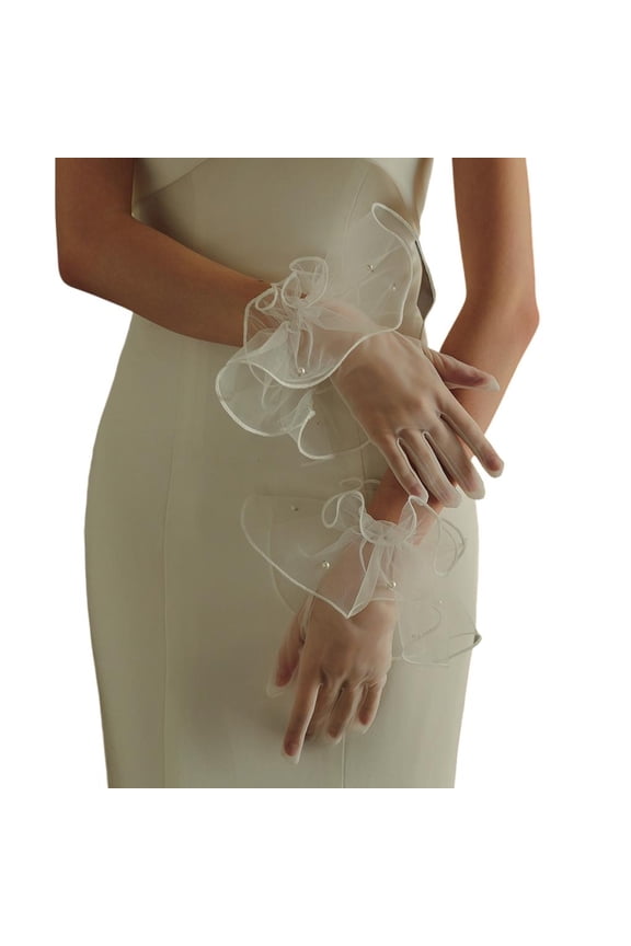 O Pearls Studded Gloves Wedding Dancing Gloves Proms Party Supply Full Finger Stretchy Gloves for Concert Operas