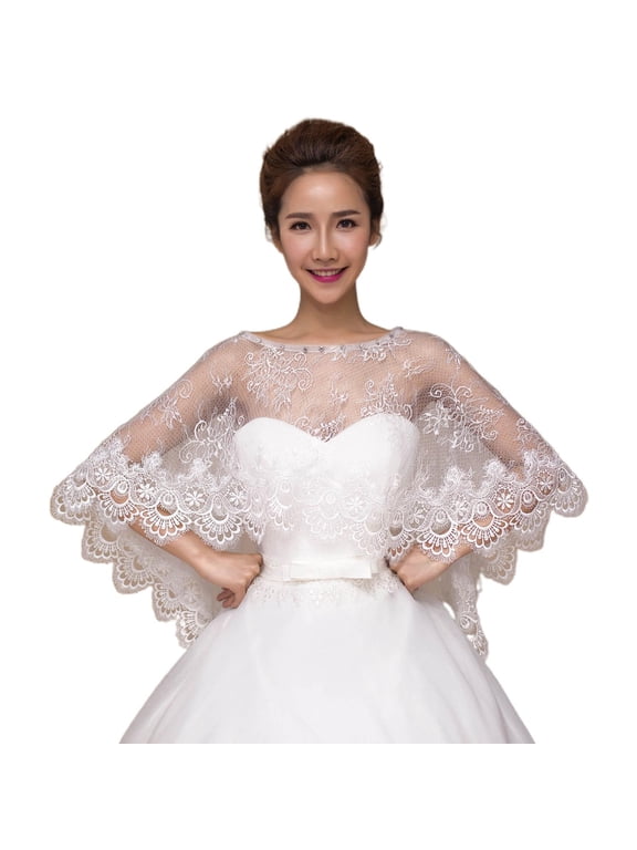 O Women Floral Lace Wedding Cape Hollow Out Sheer Shawl Wrap 1920s for Rhinestone Bridal Capelet Bolero Shrug Cover Up