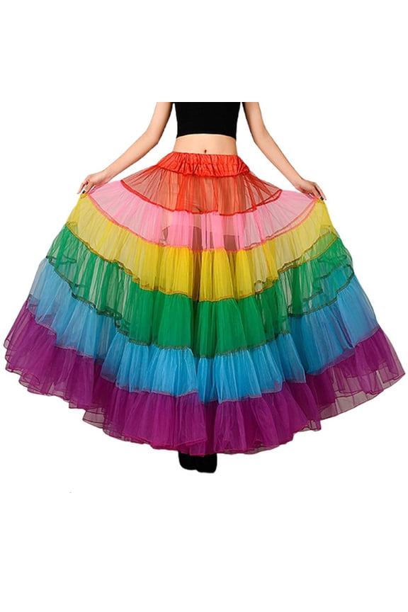 O Women Multicolored Rainbow A-Line Maxi Tutu Skirt Pleated Ruffle Floor Length Petticoat Hoopless Wedding Bridal Mesh Flared Crinoline Underskirt