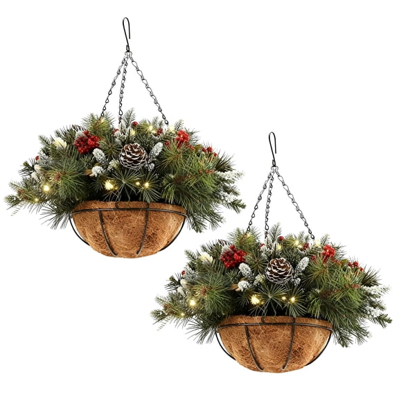 LICHENGTAI 2PC Artificial Christmas Hanging Basket with LED String Lights Pre-Lit Christmas Hanging Plant Basket with Pine Cones and Berries for Porch or Front Door