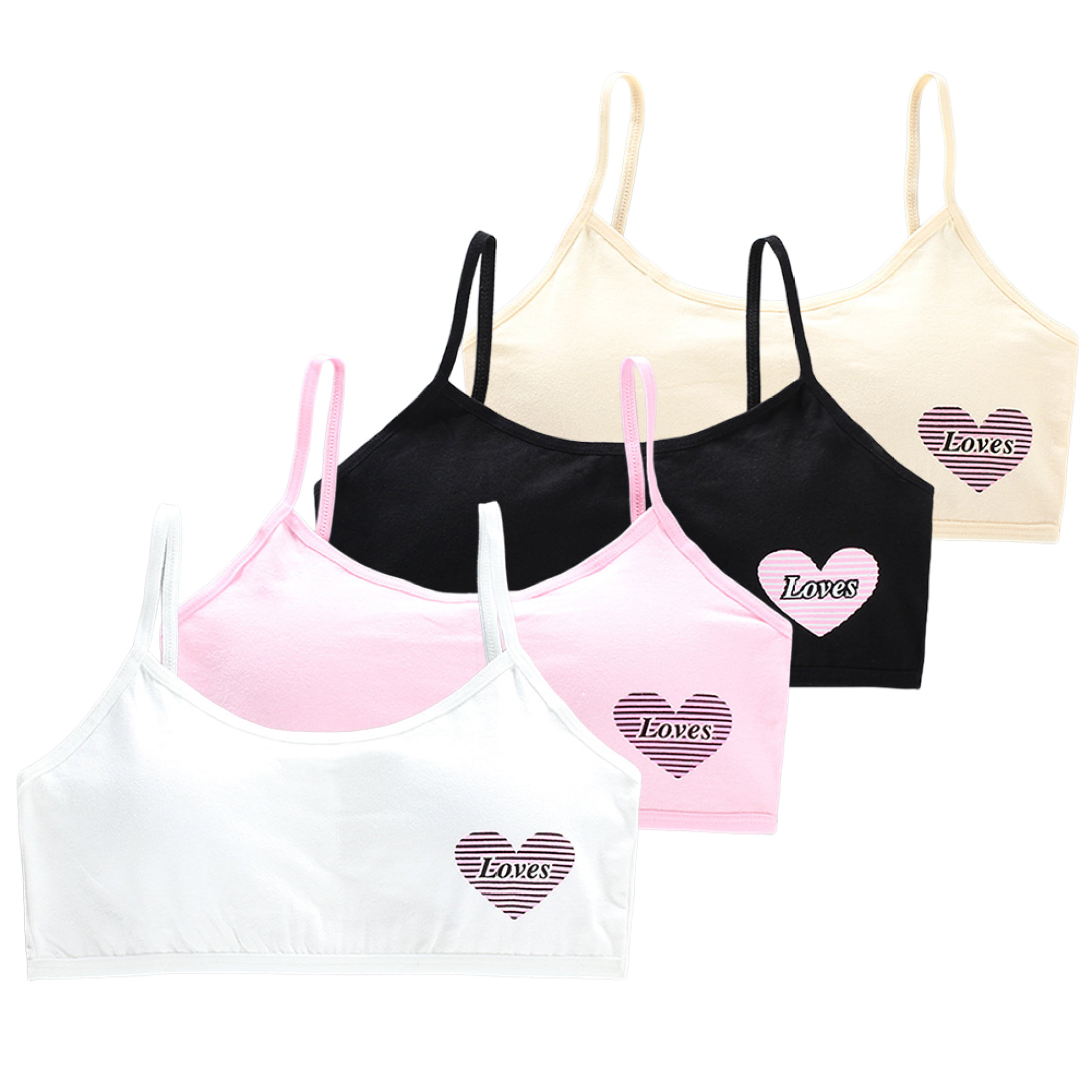 LICHENGTAI 4pcs Girls Bra Cotton Vest Bra Full Cup Breathable Bra with  Chest Pads for Adolescent Girls Aged 8-18 One Size White Pink Black Skin  Color