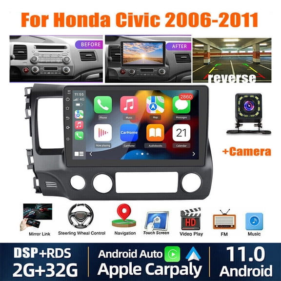 LICHENGTAI Android 11 Car Radio Fit for Honda Civic 2006 2007 2008 2009 2010 2011, 10.1 Inch Touchscreen Car Stereo Radio with Bluetooth GPS WiFi USB FM/RDS Mirror Link+Backup Camera