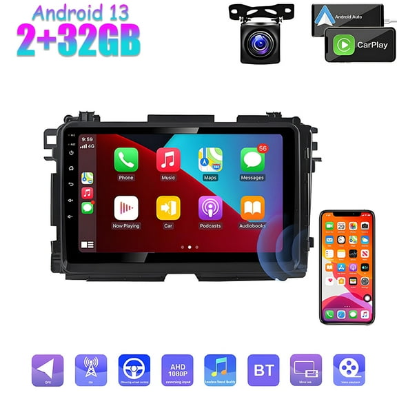 LICHENGTAI Android 13 Car Stereo for Honda Vezel HR-V 2014-2019 with Apple Carplay Android Auto, 9-inch Touch Screen Bluetooth Car Radio with WiFi, HiFi, Mic, AHD Camera, 2+32G