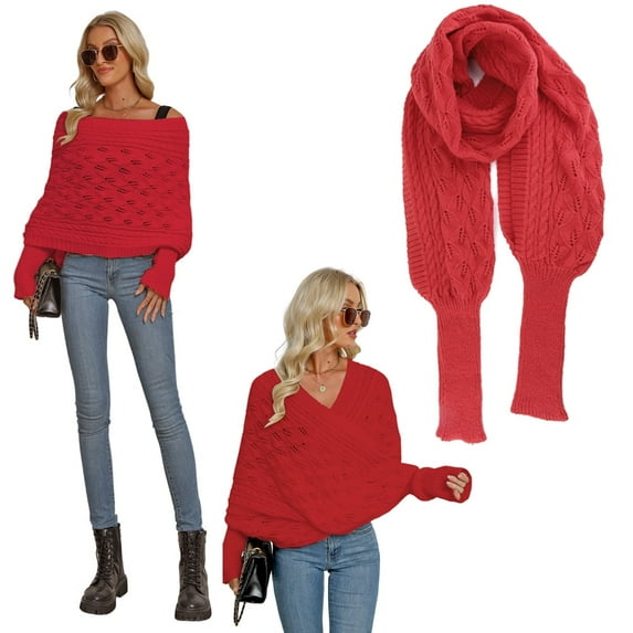 LICHENGTAI Autumn Winter Women Scarf Wrap with Sleeve, Lady Fashion Solid Color Knitted Wrap Scarf Knitted Shawl Cape with Sleeve Warm Elastic Neck Warmer Scarf