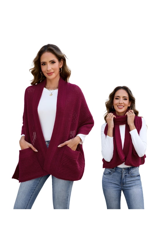 Soft Multi-way Knitted Scarf with Pocket Women Casual Shawl Sweater Scarf High Elastic Warm Fashion Scarf Jujube Red
