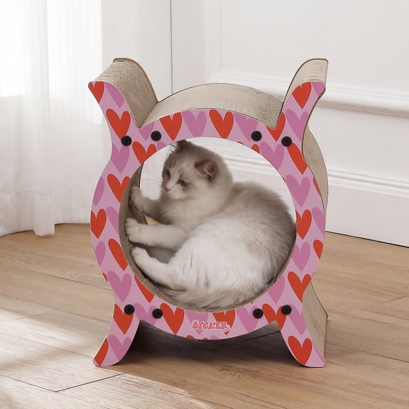 THE LICKER STORE 16.5" Nyan Modern Heart Pattern Cardboard Tunnel Cat Scratcher with Catnip, Durable Corrugated Indoor Hideaway Den and House to Protect Furniture, Sanctuary, Pink/Red CSR1007C