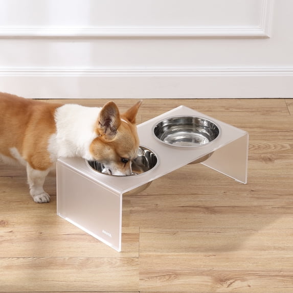 THE LICKER STORE Keaton 7.5" Medium/Large Modern Acrylic Rectangular Elevated Pet Feeder with 54oz 2-Stainless Steel Bowls, Moon White/Chrome, DBL2001K