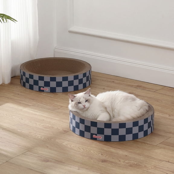 THE LICKER STORE Daisy 18.13" Modern Round Cardboard Bowl Cats Scratcher and Lounge with Catnip and Checker Pattern, Corrugated Pad Bed, Furniture Protector, Navy/Blue, (Set of 2) CSR1001G-SET2