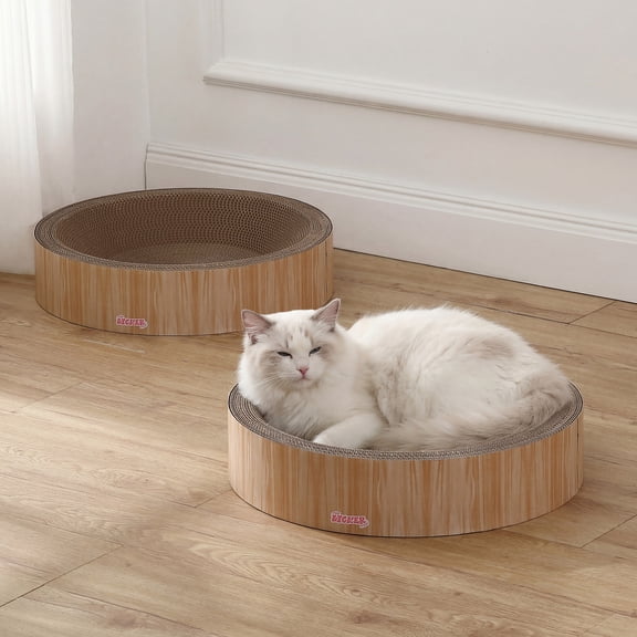 THE LICKER STORE Daisy 18.13" Modern Round Cardboard Bowl Cats Scratcher and Lounge with Catnip, Corrugated Pad Bed, Furniture Protector, Oak Wood Finish, (Set of 2) CSR1001B-SET2