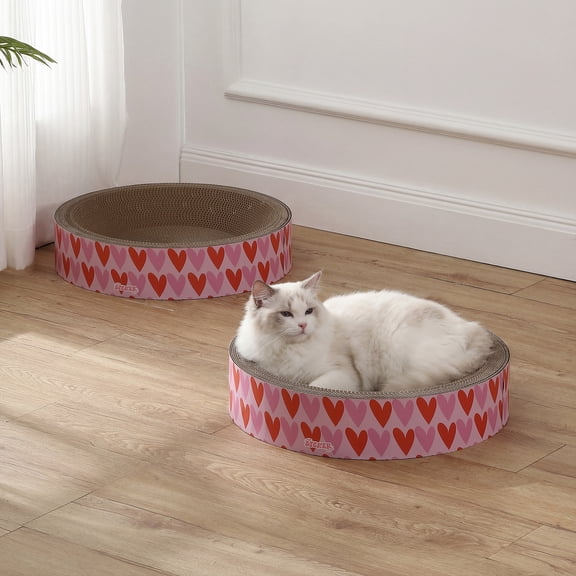 THE LICKER STORE Daisy 18.13" Modern Round Cardboard Bowl Cats Scratcher and Lounge with Catnip and Hearts Pattern, Corrugated Pad Bed, Furniture Protector, Pink/Red, (Set of 2) CSR1001D-SET2