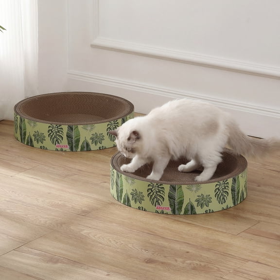 THE LICKER STORE Daisy 18.13" Modern Round Cardboard Bowl Cats Scratcher and Lounge with Catnip and Leaf Pattern, Corrugated Pad Bed, Furniture Protector, Mint/Green, (Set of 2) CSR1001E-SET2
