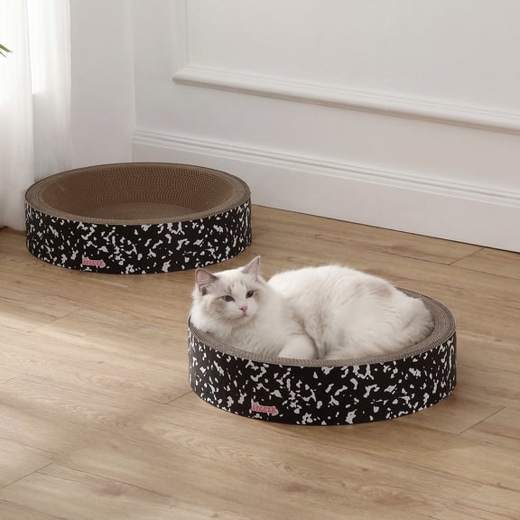 THE LICKER STORE Daisy 18.13" Modern Round Cardboard Bowl Cats Scratcher and Lounge with Catnip and Notebook Pattern, Corrugated Pad Bed, Furniture Protector, Black/White, (Set of 2) CSR1001C-SET2
