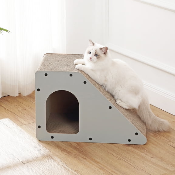 THE LICKER STORE Kento 23.63" Minimalist Cardboard Angled Cat Cave Scratcher for Indoor Felines with Trapezoid Hideaway Lounge and Catnip, Gray CSR1008H