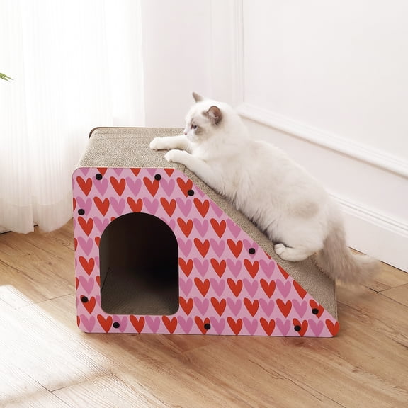 THE LICKER STORE Kento 23.63" Minimalist Cardboard Angled Cat Cave Scratcher for Indoor Felines with Trapezoid Hideaway Lounge and Catnip, Pink/Red CSR1008C