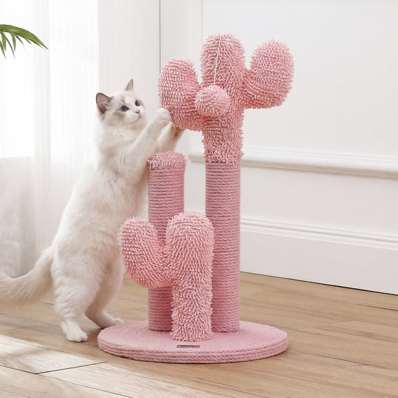 THE LICKER STORE Marfa 21.5" Modern Triple Cactus Cat Scratching Post with Fuzzy Toy, Natural Jute Rope and Weighted Non-Slip Base, Decorative Indoor Furniture Protector for Kittens, Pink CTR1008C