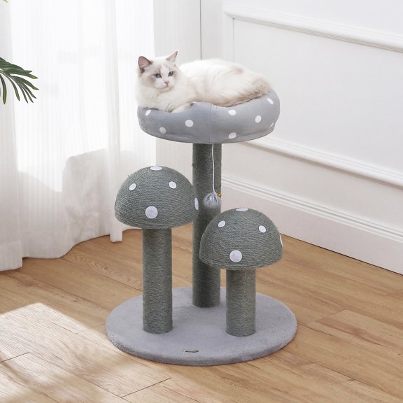 THE LICKER STORE Pixie 22.5" 3-Tier Mushroom Cat Tree with Sisal Scratching Posts, Plush Napping Perch and Dangling Bell Toy, Whimsical Activity Center for Indoor Kittens, Gray/WhiteCTR1001B