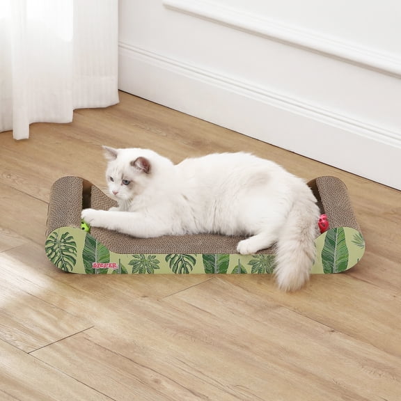 THE LICKER STORE Rini 23.75" Modern Corrugated Cardboard Lounge Bed with Built-in Bell Toys and Catnip, Ergonomic Curved Sofa Scratcher for Indoor Cats, Mint/Green CSR1003E