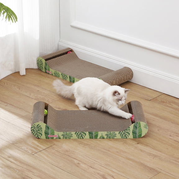 THE LICKER STORE Rini 23.75" Modern Corrugated Cardboard Lounge Bed with Built-in Bell Toys and Catnip, Ergonomic Curved Sofa Scratcher for Indoor Cats, Mint/Green, (Set of 2) CSR1003E-SET2