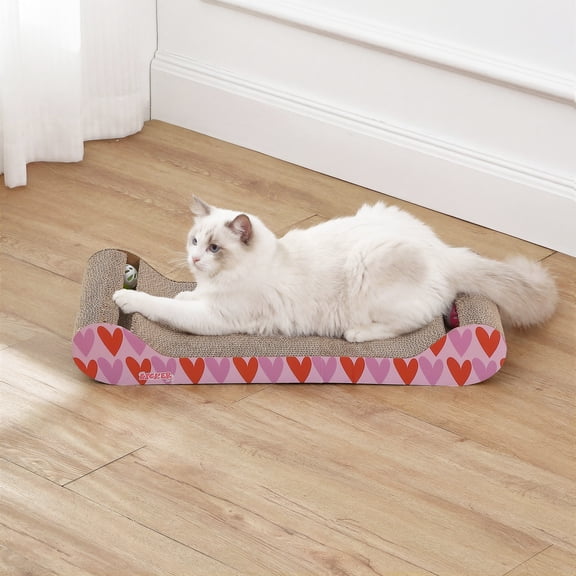 THE LICKER STORE Rini 23.75" Modern Corrugated Cardboard Lounge Bed with Built-in Bell Toys and Catnip, Ergonomic Curved Sofa Scratcher for Indoor Cats, Pink/Red CSR1003D