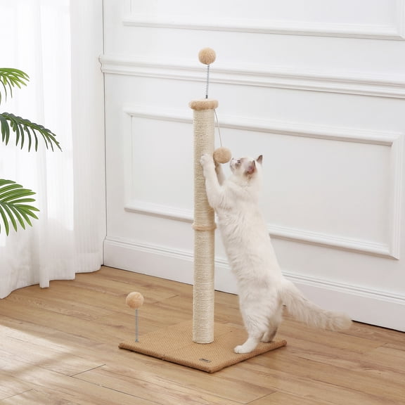 THE LICKER STORE Rylie 38" Farmhouse Sisal Pillar Cat Scratching Post with Interactive Fuzzy Toys and Spring Balls, Stable Weighted Non-Slip Base for Indoor Kittens, Brown/Cream CTR1010D