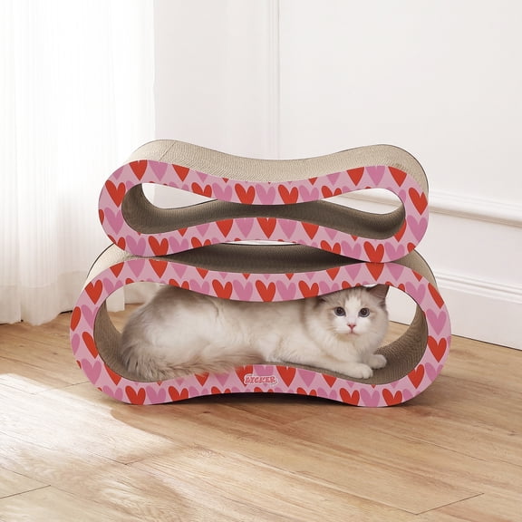 THE LICKER STORE Suvi 26" Modern Cardboard Infinity 2-in-1 Lounge Bed Cat Scratcher with Catnip, Hearts Large Recyclable Corrugated Tunnel and Furniture Protector for Indoor Use, Pink/Red CSR1014H