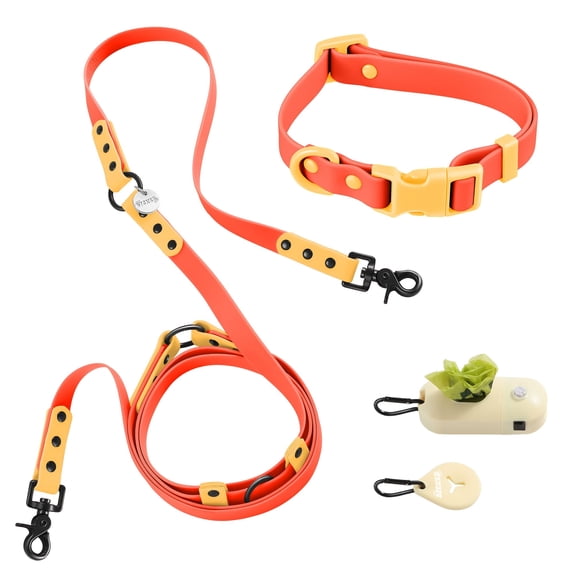 THE LICKER STORE Luna Small 8FT Adjustable 6-in-1 Waterproof Hands-Free Leash and Collar with LED Flashlight, Bag Dispenser, and Poop Bag Holder, Dark Orange/Light Orange, WLK1004A-5SET
