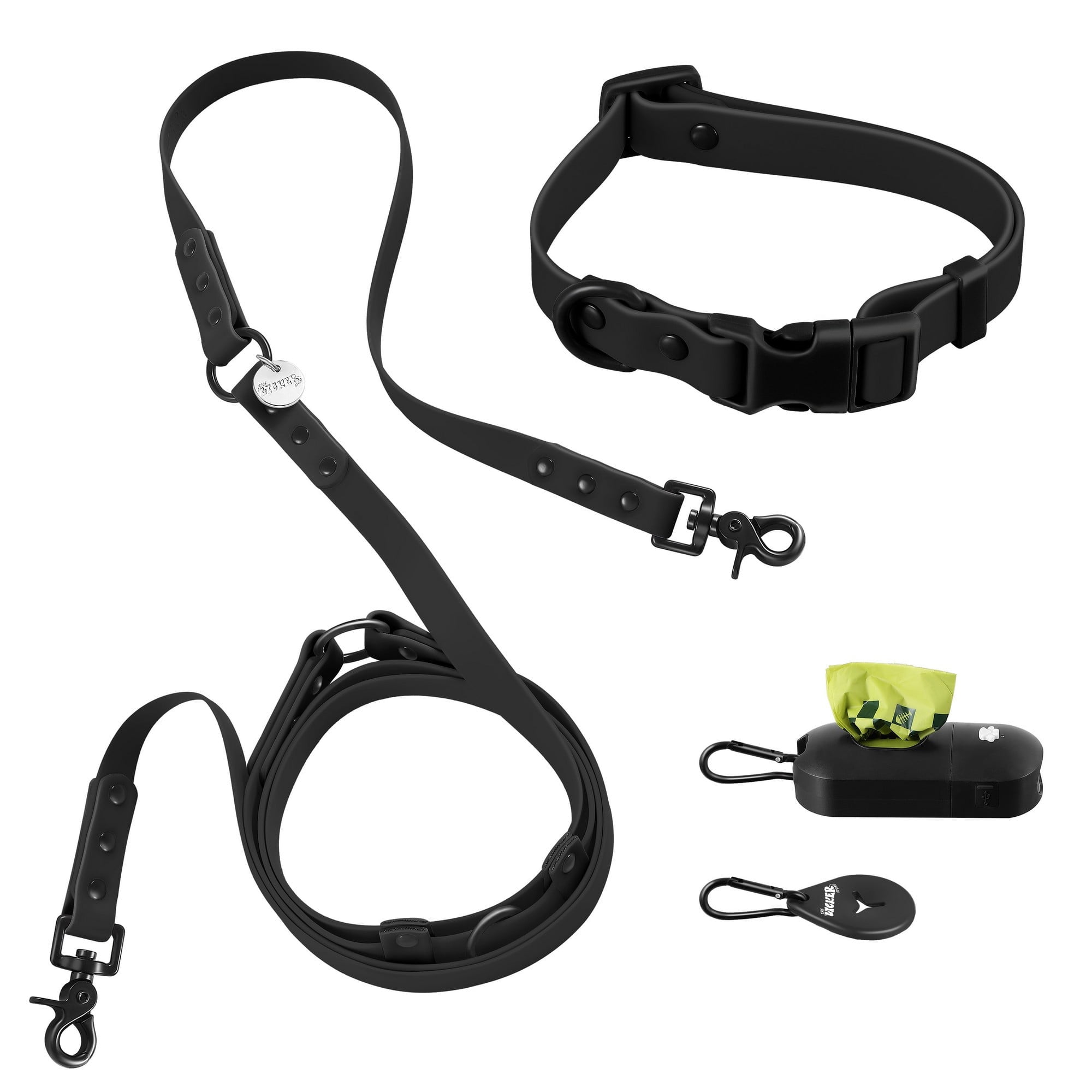 THE LICKER STORE Luna Small 8FT Adjustable 6-in-1 Waterproof Hands-Free Leash and Collar with LED Flashlight, Bag Dispenser, and Poop Bag Holder, Black, WLK1004I-5SET