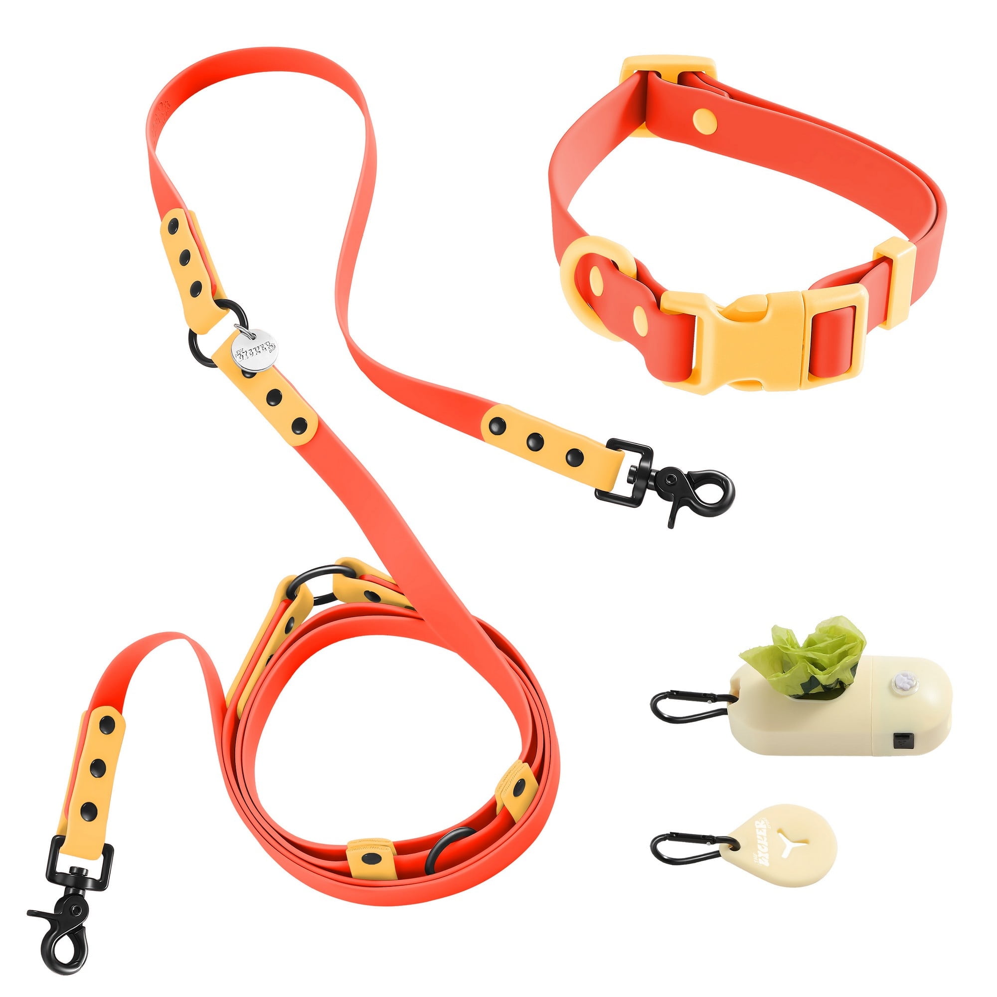THE LICKER STORE Luna Medium 8FT Adjustable 6-in-1 Waterproof Hands-Free Leash and Collar with LED Flashlight, Bag Dispenser, and Poop Bag Holder, Dark Orange/Light Orange, WLK1005A-5SET