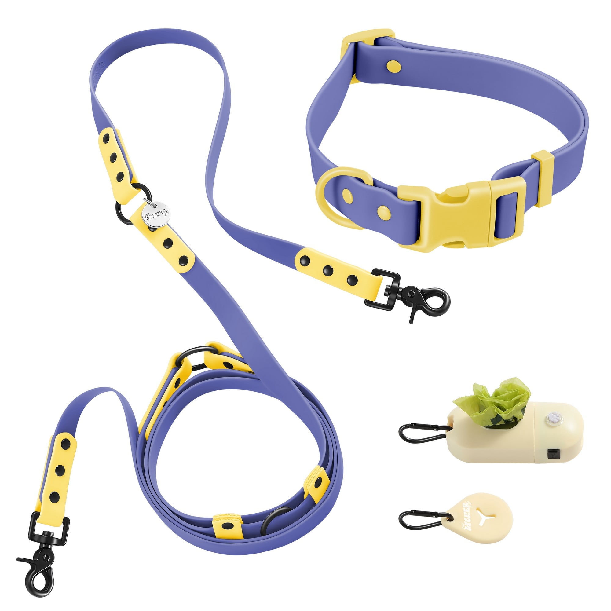 THE LICKER STORE Luna Large 8FT Adjustable 6-in-1 Waterproof Hands-Free Leash and Collar with LED Flashlight, Bag Dispenser, and Poop Bag Holder, Dark Blue/Yellow, WLK1006C-5SET