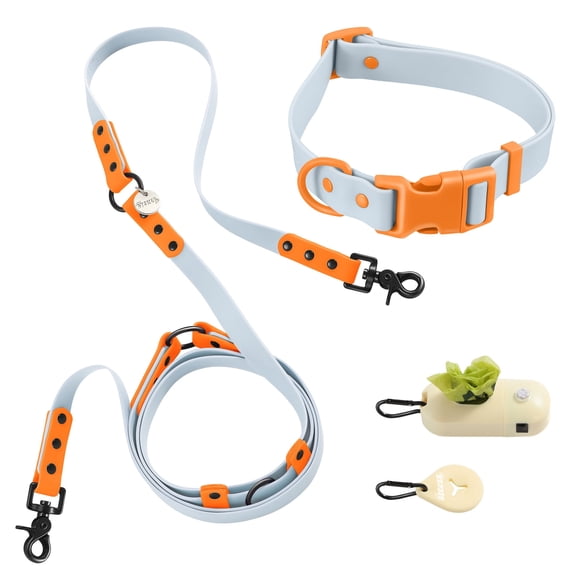 THE LICKER STORE Luna Large 8FT Adjustable 6-in-1 Waterproof Hands-Free Leash and Collar with LED Flashlight, Bag Dispenser, and Poop Bag Holder, Light Blue/Orange, WLK1006D-5SET