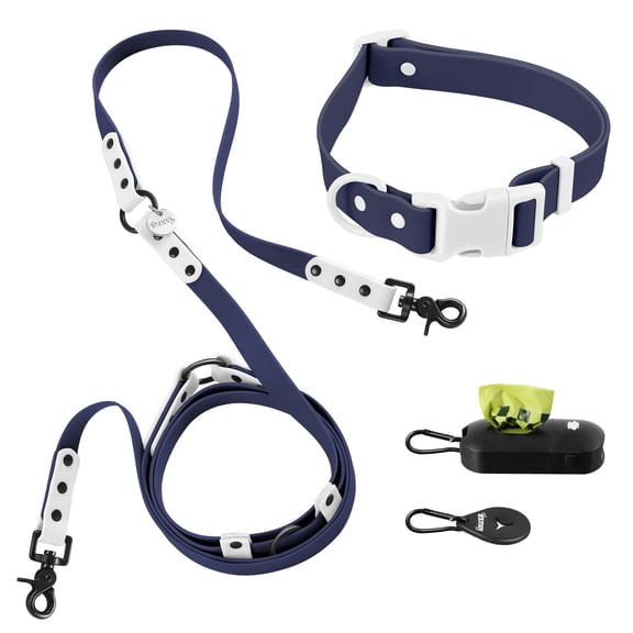 THE LICKER STORE Luna Large 8FT Adjustable 6-in-1 Waterproof Hands-Free Leash and Collar with LED Flashlight, Bag Dispenser, and Poop Bag Holder, Navy/White, WLK1006J-5SET