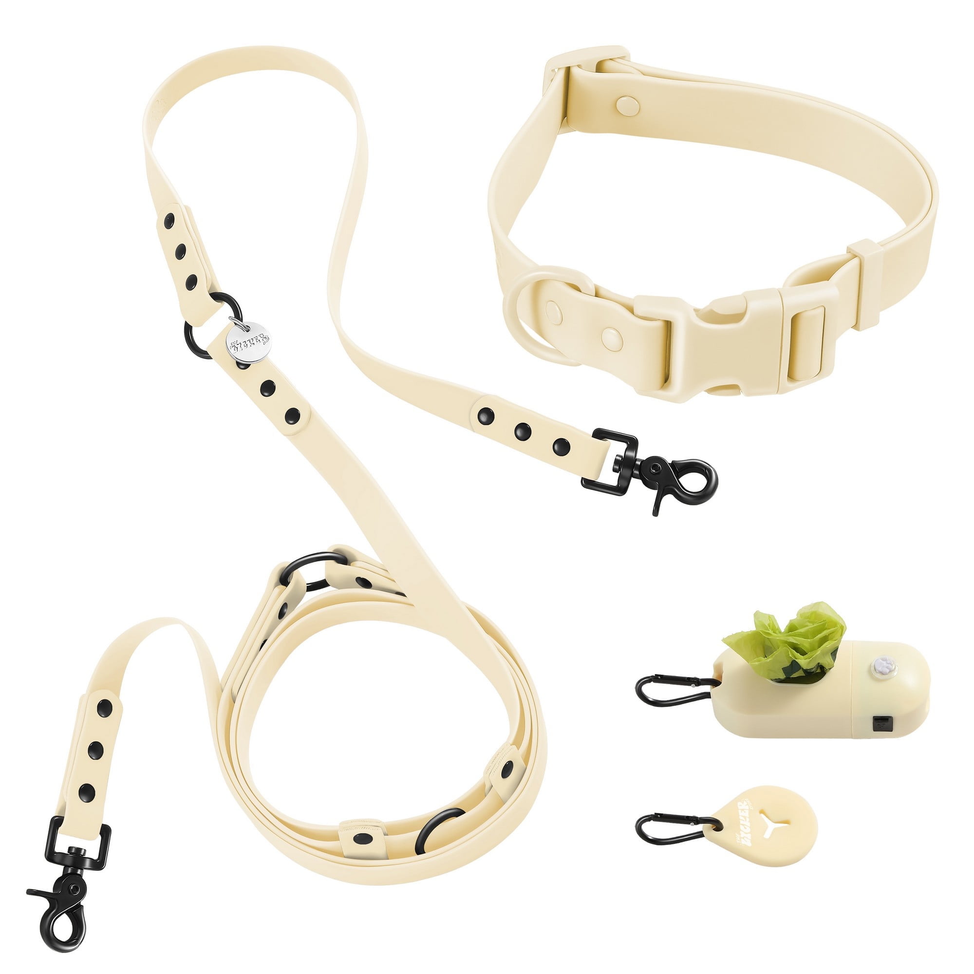 THE LICKER STORE Luna Large 8FT Adjustable 6-in-1 Waterproof Hands-Free Leash and Collar with LED Flashlight, Bag Dispenser, and Poop Bag Holder, Almond, WLK1006L-5SET