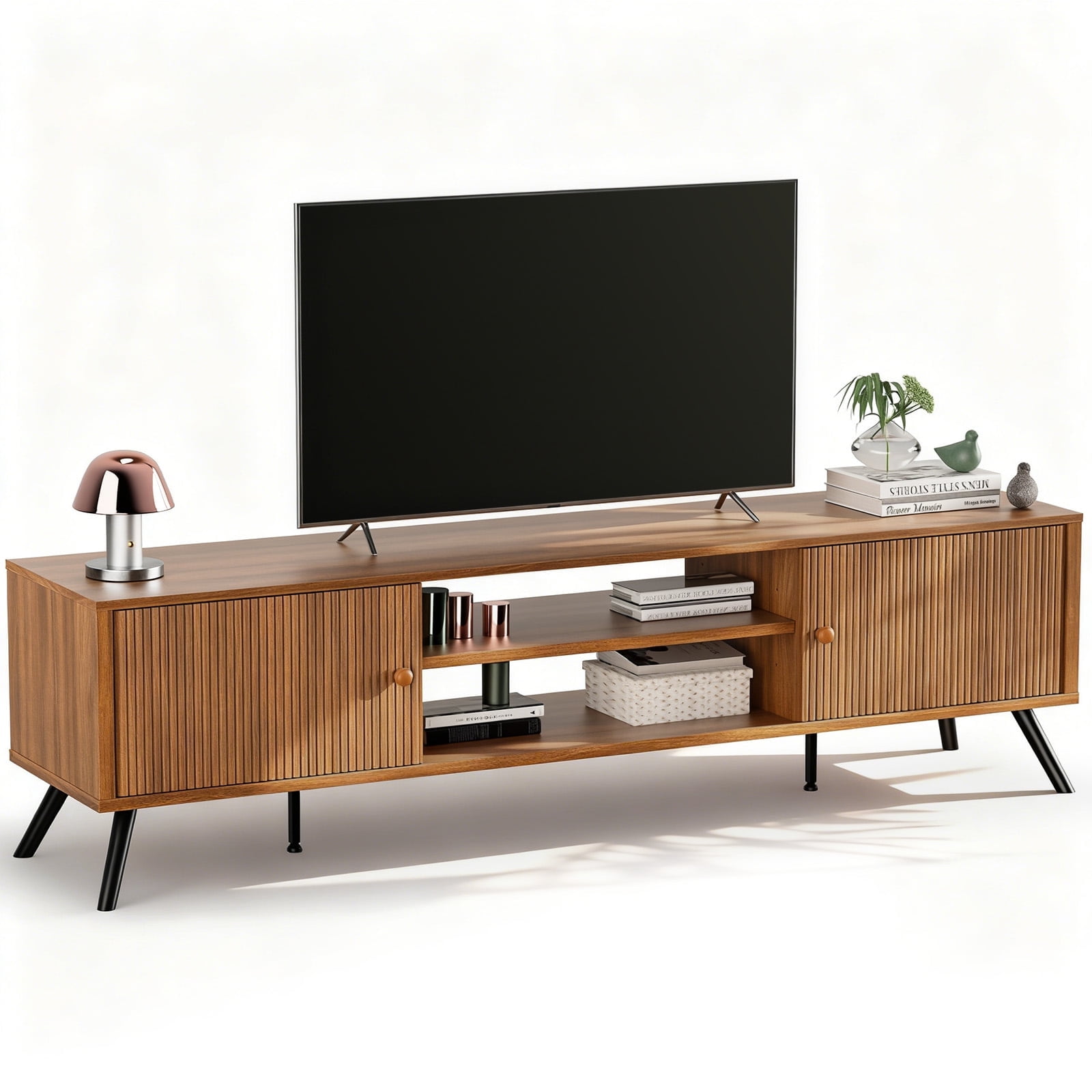 LUCKLIFE 70" Mid Century Modern TV Stand for TVs up to 75", Brown