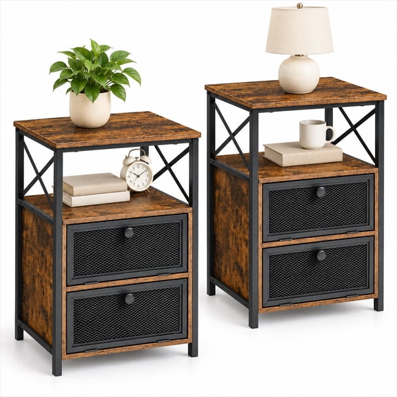 LICKLIFE Nightstand Set of 2, Bedside Tables with 2 Flip-Top Drawers, Small End Tables with Storage, Side Tables for Bedroom & Living Room, Rustic Brown