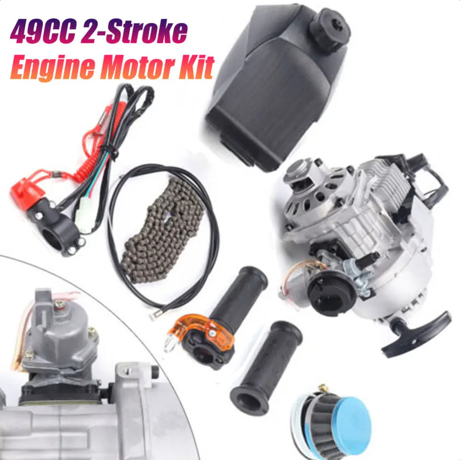 LIDNGLN High Performance 49CC Single Cylinder 2 Stroke Pull Start Engine Motor Kit for Pocket Bikes  Mini Dirt Bikes  ATVs  and Scooters