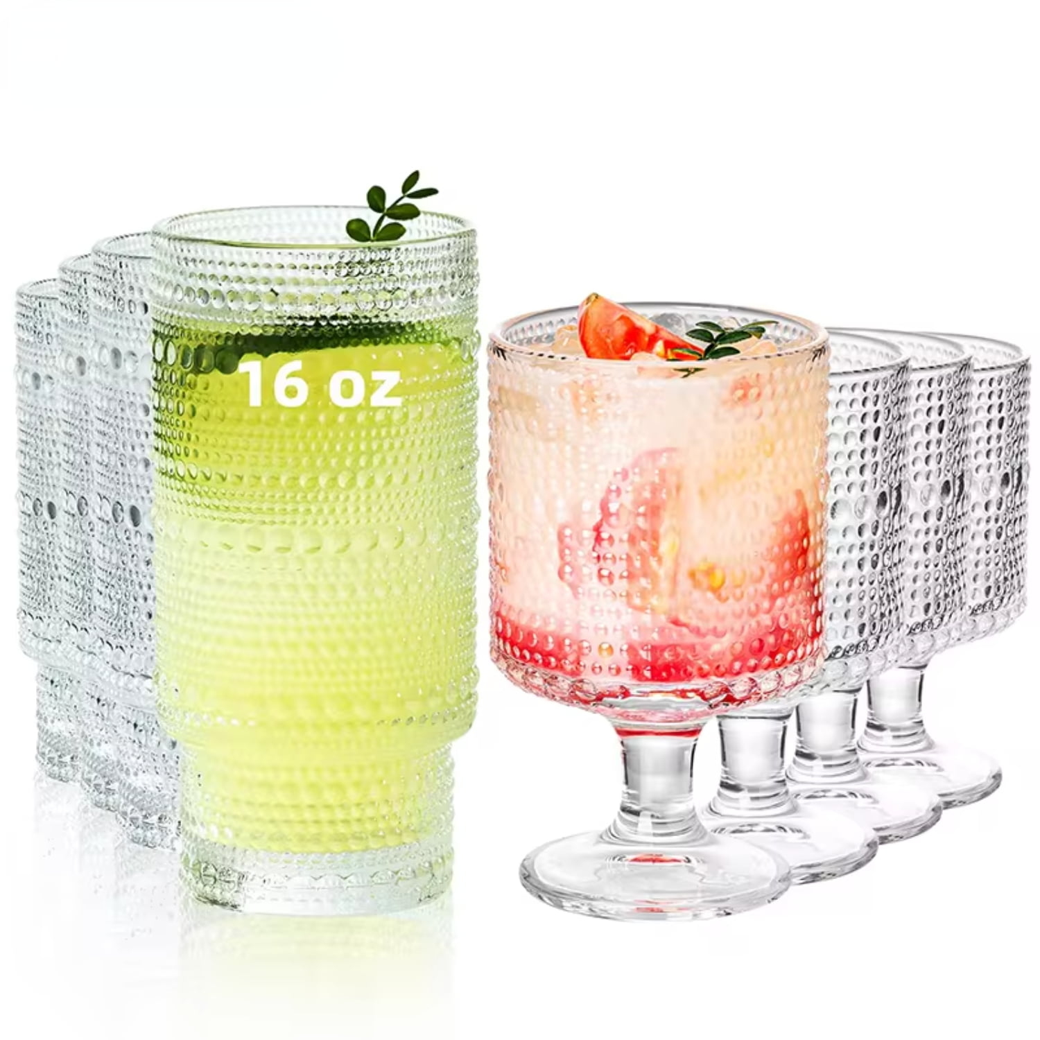LIDNGLN Vintage Hobnail Glassware Set of 8 - Includes 8/16 Oz Goblet ...