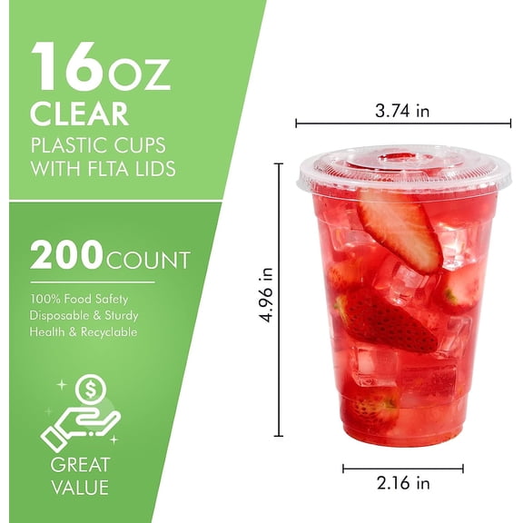 LIDUI-200 PACK 16oz Clear Plastic Cups with Lids, Disposable Cold Drinking Cups, 16 Ounce Large Clear Cup with Flat Lids with Holes for Smoothie, Milkshake, Bubble Tea, Parfait