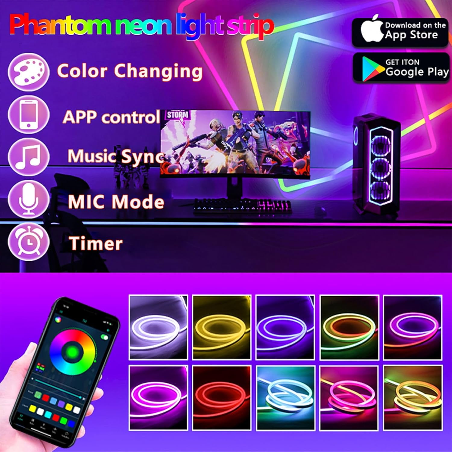 LIDUI-50FT Neon Rope Light,RGB+IC Flexible Led Lights Control with App ...