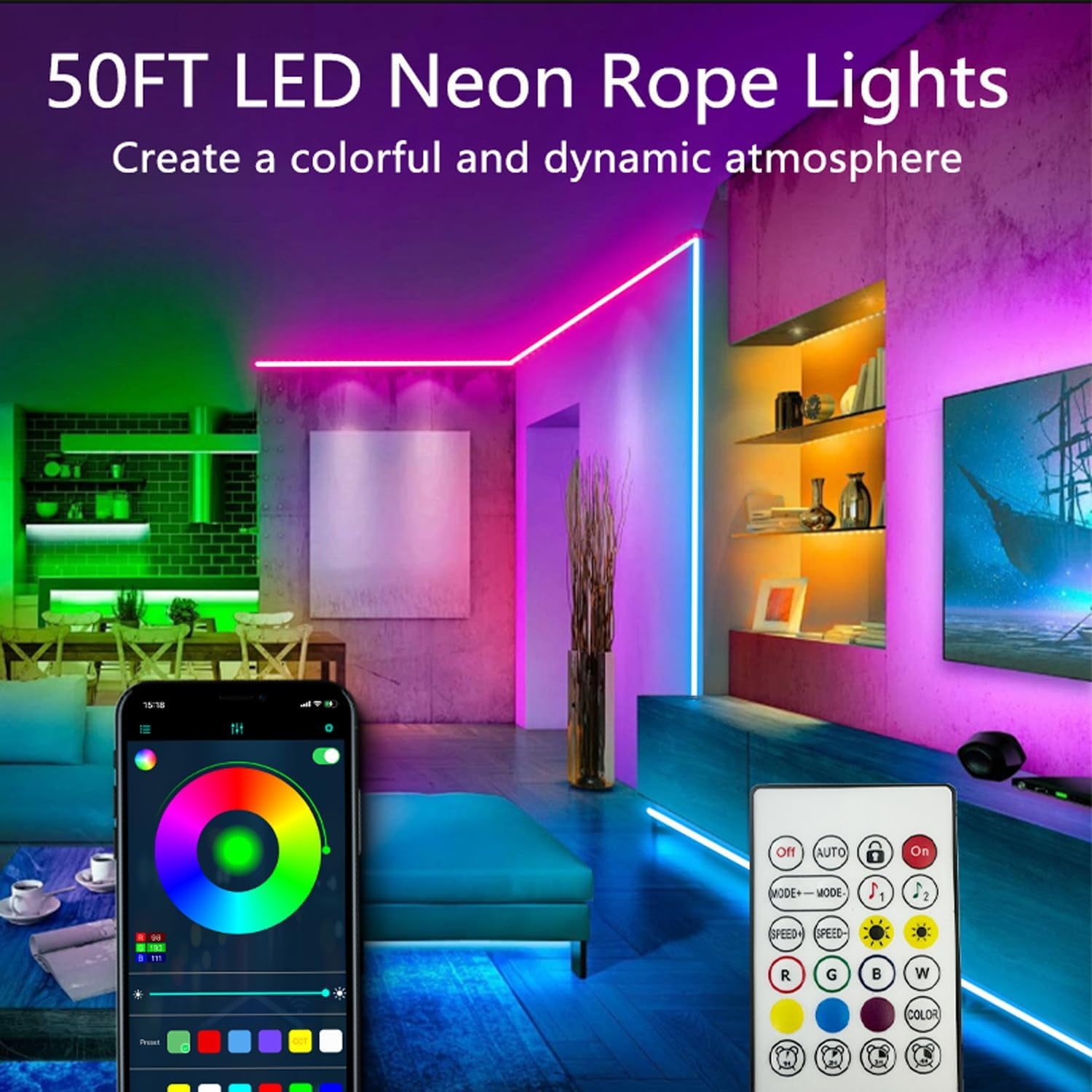 LIDUI-50FT Neon Rope Lights,Flexible Led Rope Light Control with App ...