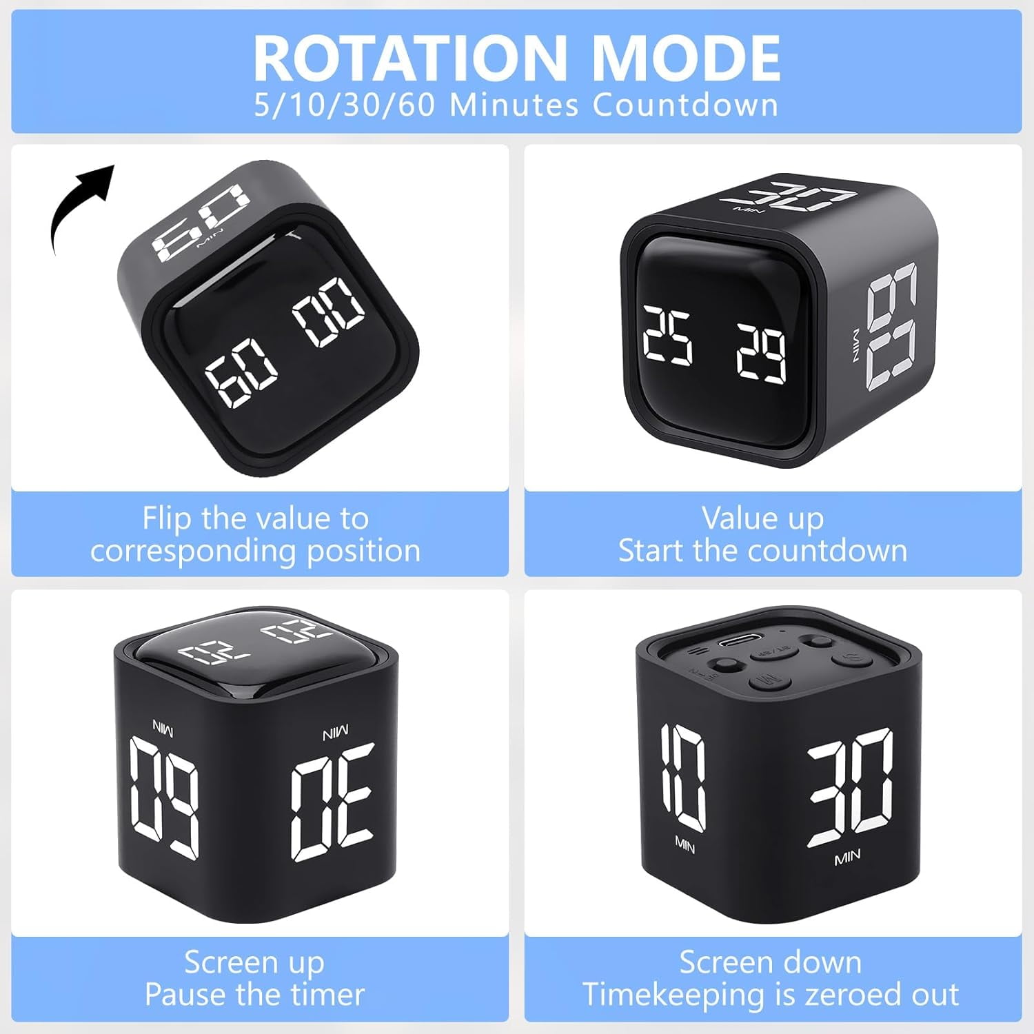 LIDUI-Digital Cube Productivity Timer - Rotating Pomodoro Timer with ...