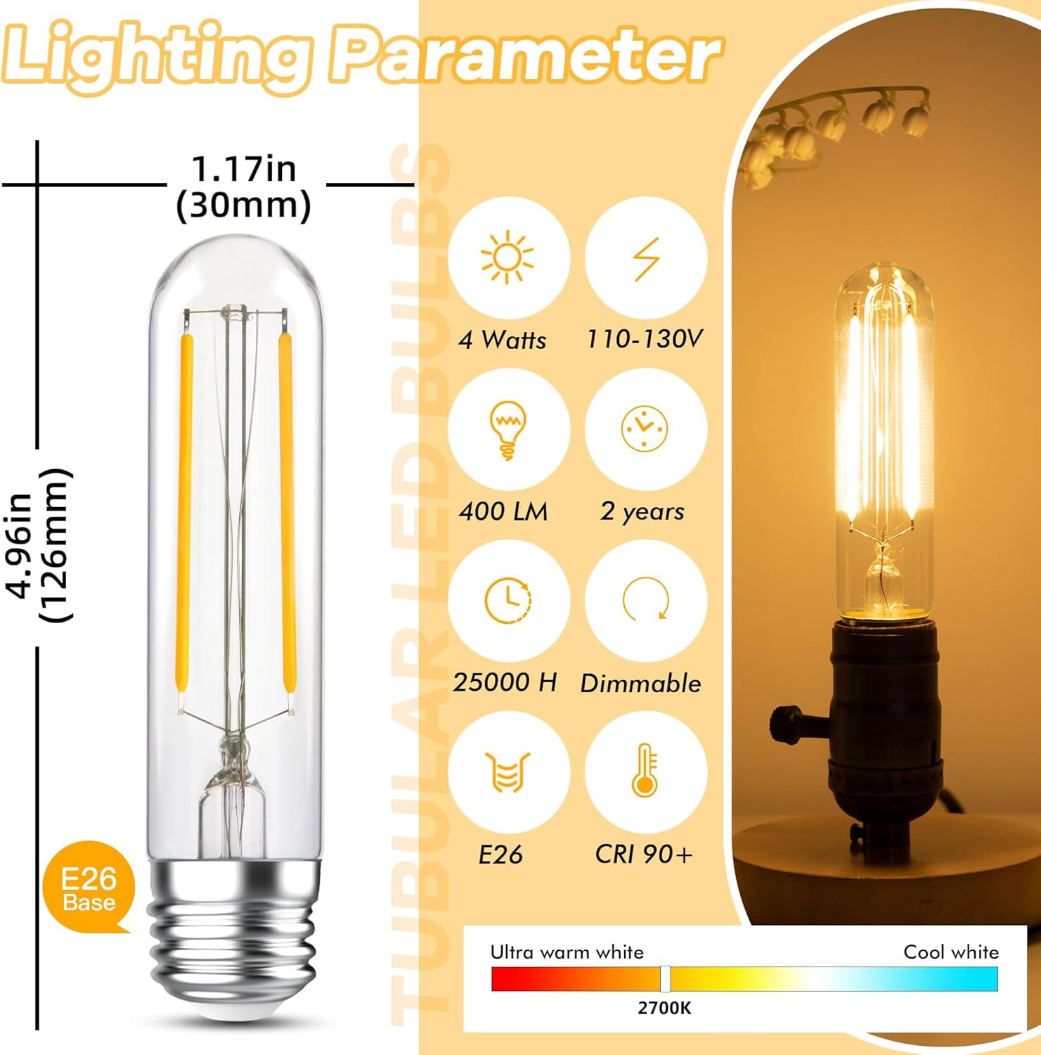 LIDUI-Dimmable Tubular Light Bulbs 40Watt,4W E26 T10 LED Type T Bulbs ...