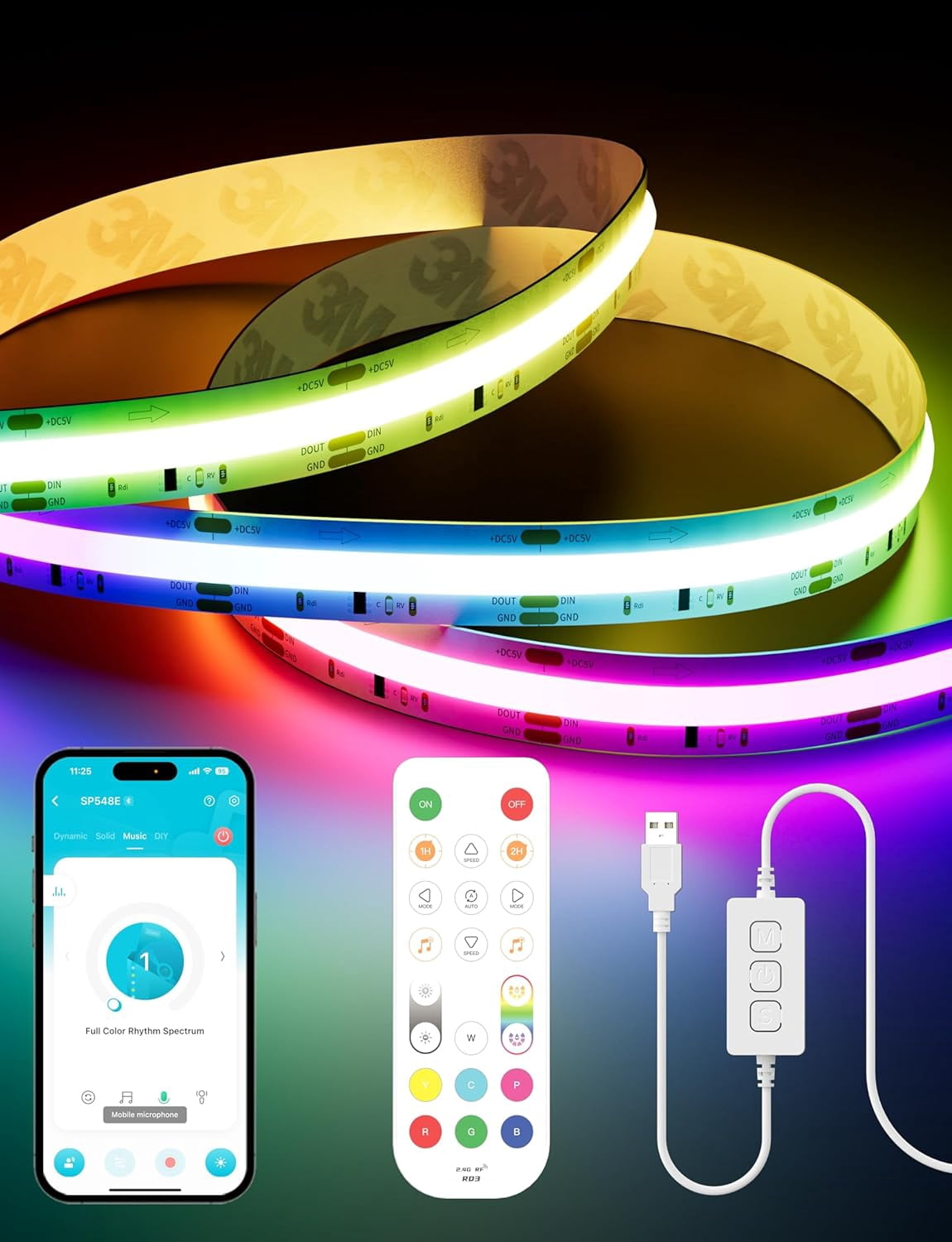 LIDUI-RGB Smart IC COB LED Strip Light 5V USB,Color Chasing UL-Listed ...