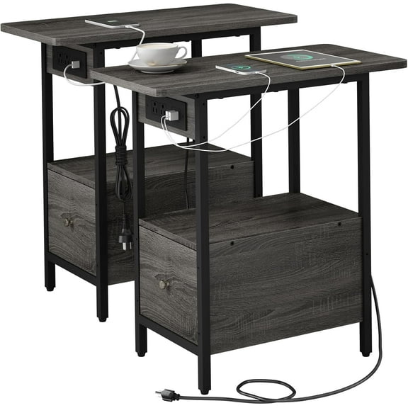 LIDYUK End Table with Charging Station, Narrow Side Table with Drawer and USB Ports & Power Outlets, Nightstand Bedside Tables for Small Spaces, Bedroom, Living Room, Dark Grey, Set of 2